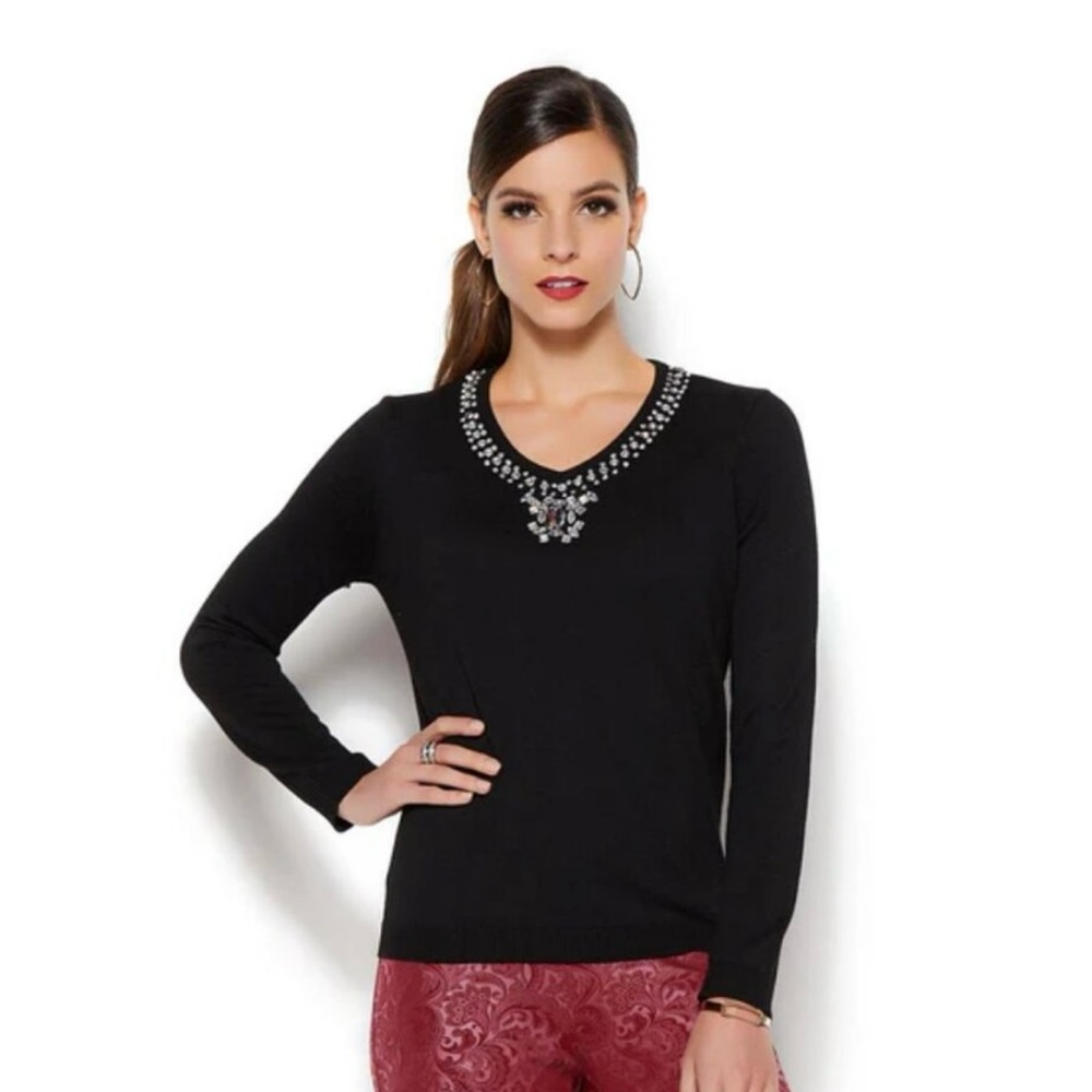 IMAN Jeweled Embellished "Touch of Cashmere" Sweater Tunic, Black